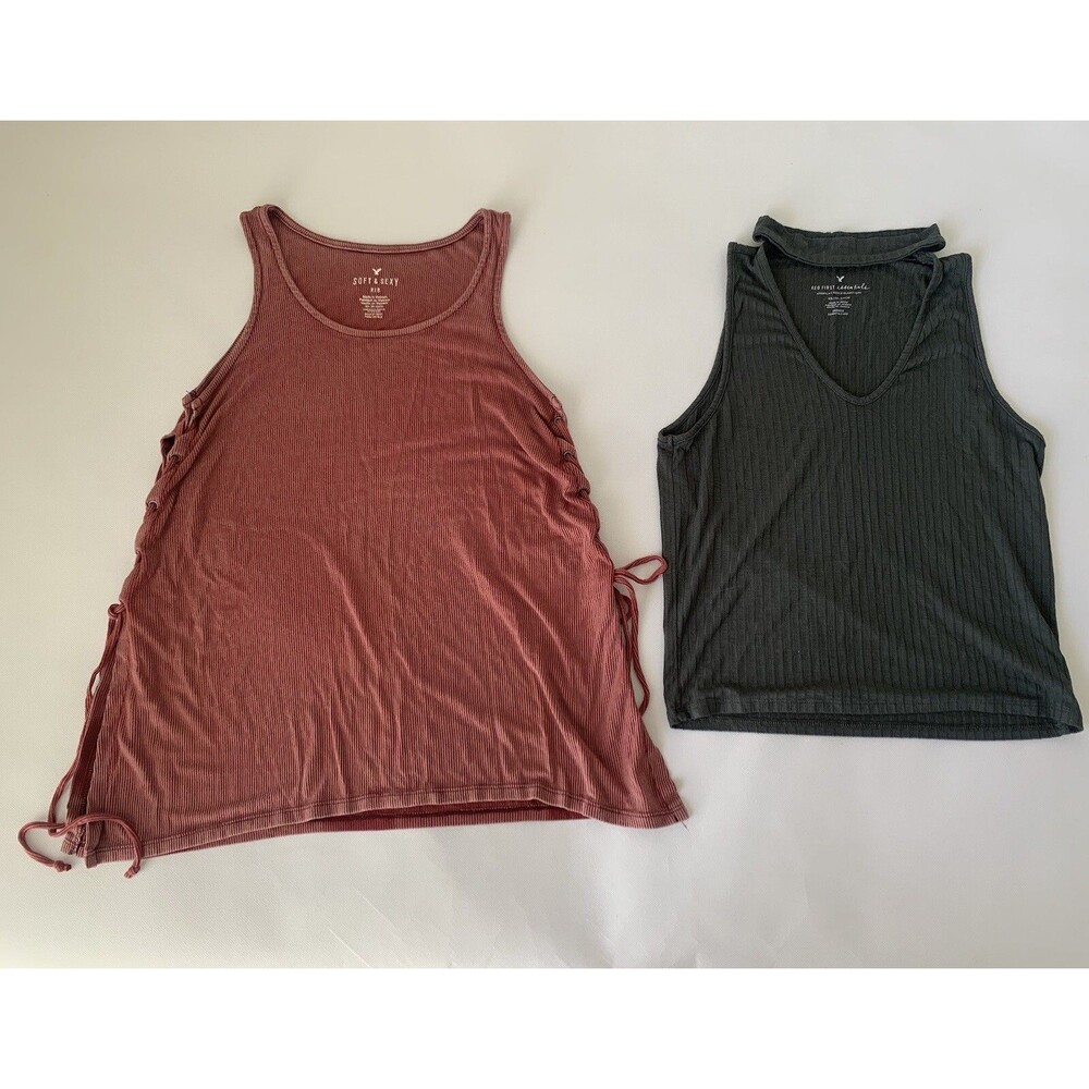 American Eagle Tank Tops Women XS Pink‎ Lace Up Gray Choker Rib Knit Sleeveless